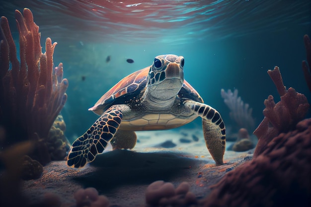 A turtle in the ocean with a fish in the background