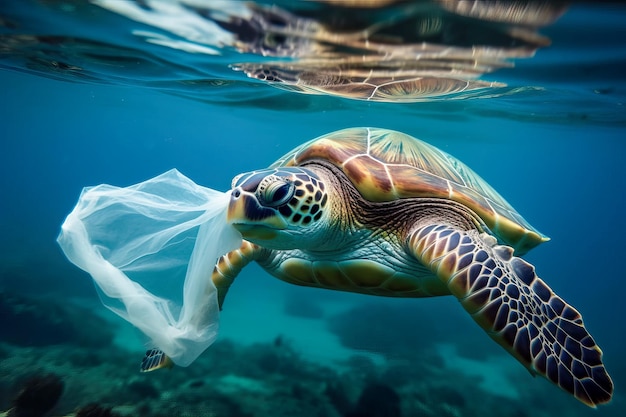 Premium AI Image A Turtle In The Ocean With A Plastic Bag In Its Mouth premium-ai-image-a-turtle-in-the-ocean-with-a-plastic-bag-in-its-mouth