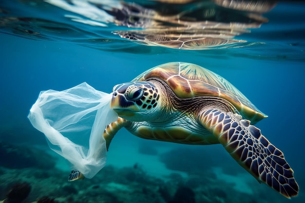 A turtle in the ocean with a plastic bag in its mouth.