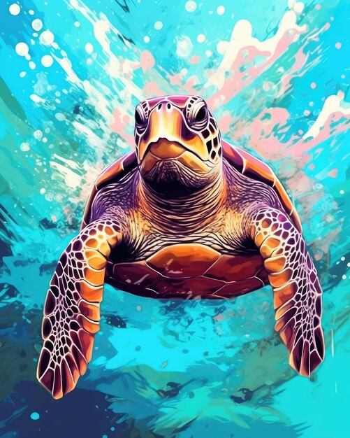 'Turtle painted with colorful paint splashes using painting technique' Illustration Generative AI