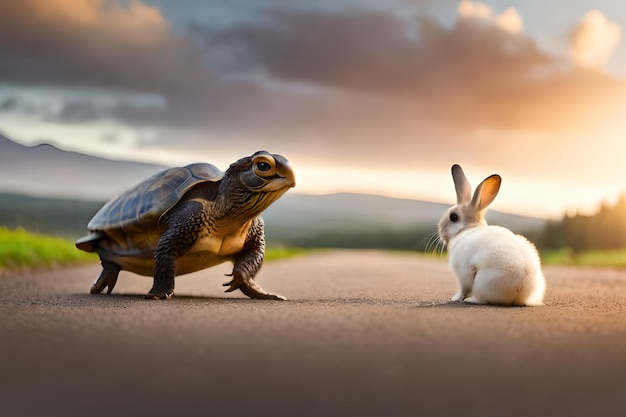 A turtle and a rabbit on a road