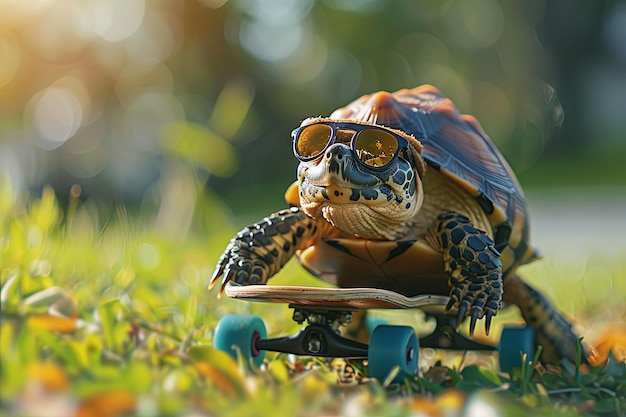Photo turtle riding a skateboard down a grassy hill wearing sunglasses and a backwards cap for added coolness