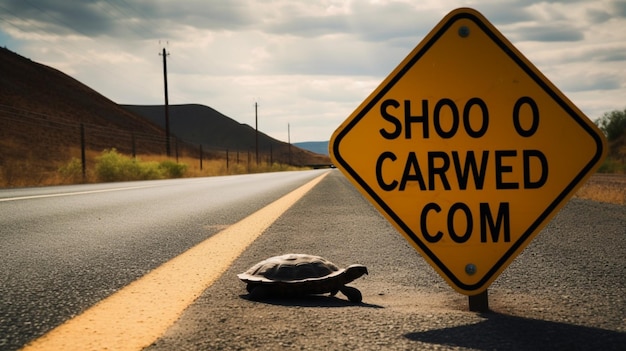 A turtle on the road that says slow carve.