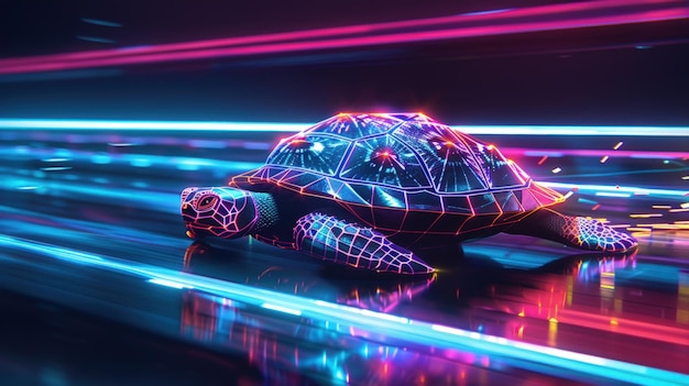 Turtle robot illustration on neon background Cyborg Turtle New world concept Ai generated