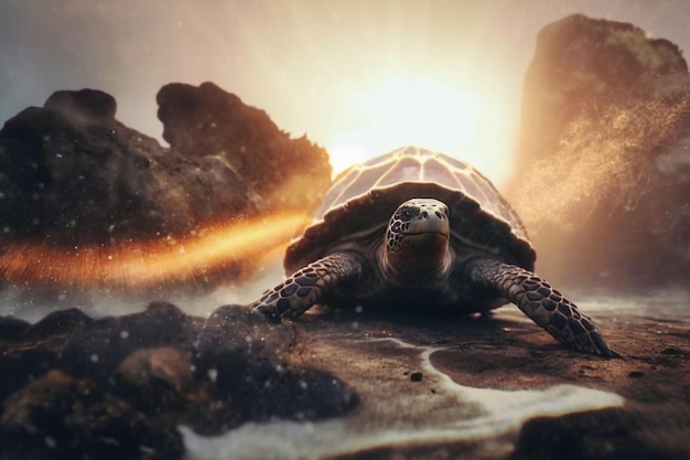 A turtle on a rock with a sunburst in the background