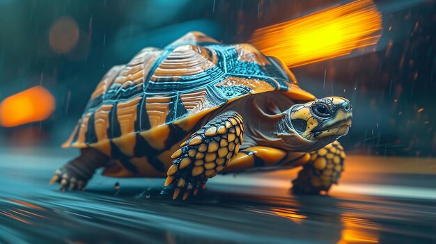 Photo turtle running extremely fast on busy city street at night showing a speed light trails and motion