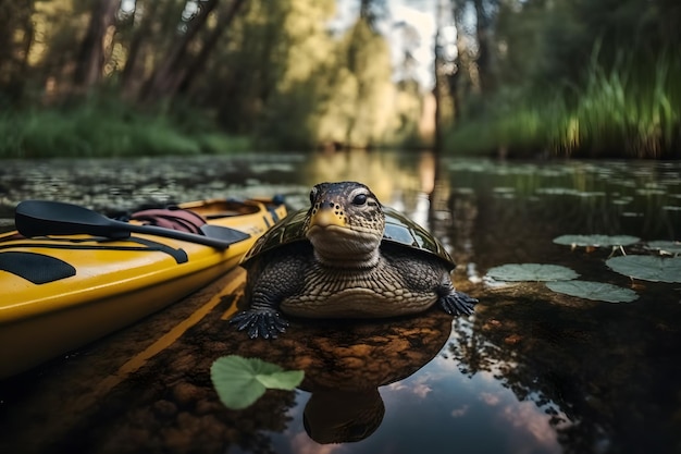 A turtle sits on a kayak in a forest