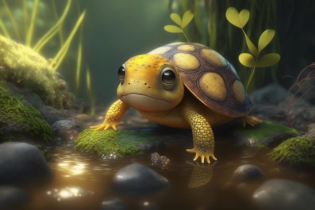 A turtle sits on a small pond in a forest.