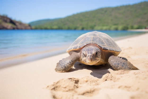 Photo a turtle slowly walking on a sandy beach