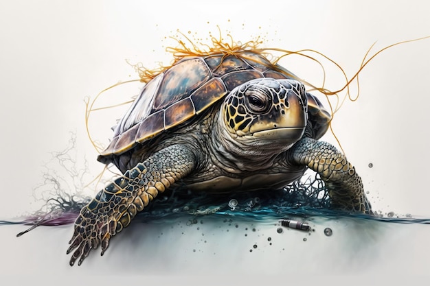 turtle stuck in wire or net, save ocean concept, turtle stuck in sea rubbish