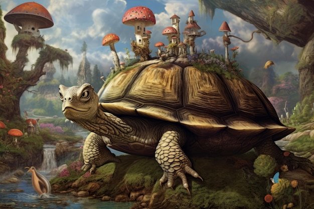 Turtle in surrealism style with objects on the back Beautiful illustration picture Generative AI