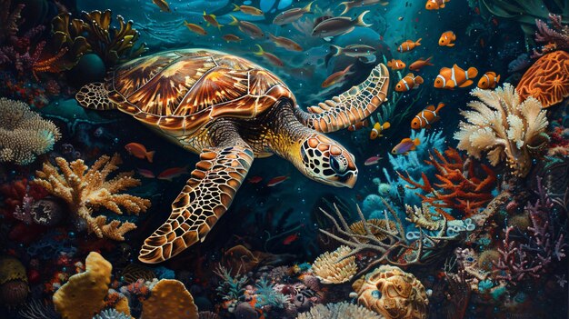 Turtle surrounded by colorful fish vibrant coral in ocean depths