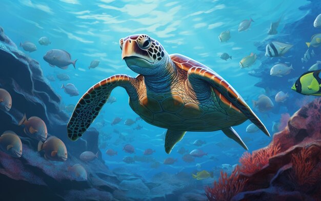 Turtle surrounded by a fish school generative ai