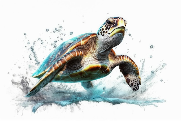 Черепаха плавает с брызгами воды на белом фоне Generative Ai Technology