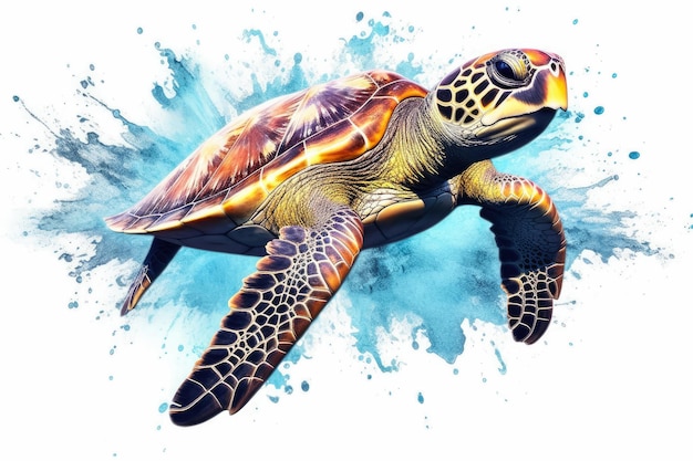 Turtle swimimg with water splash isolated on white background Generative Ai Technology