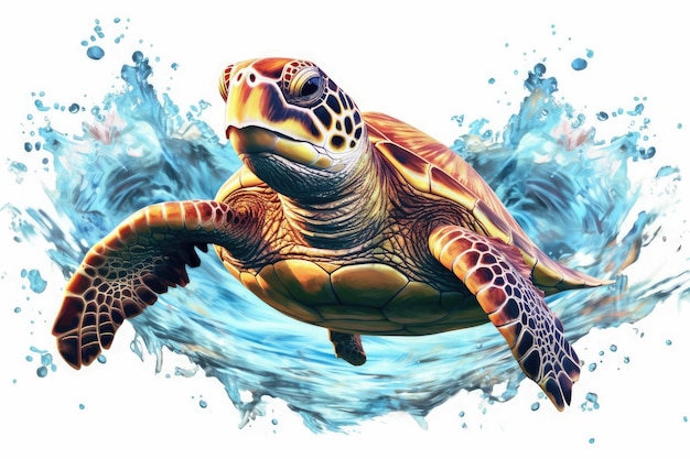Photo turtle swimimg with water splash isolated on white background generative ai technology