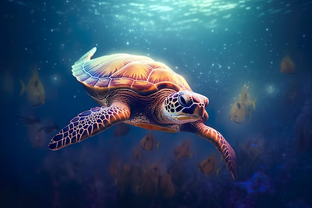 Turtle swiming underwater in the sea AI generative