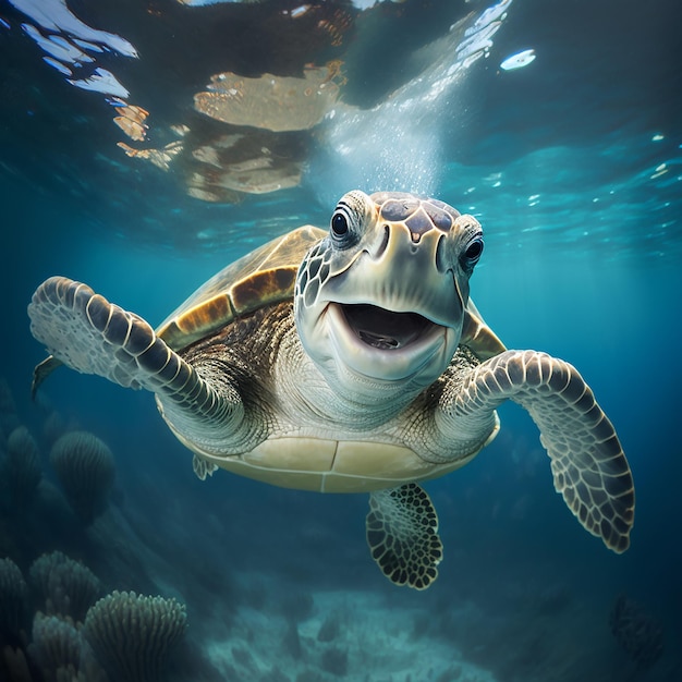 Turtle swimming under the blue sea water