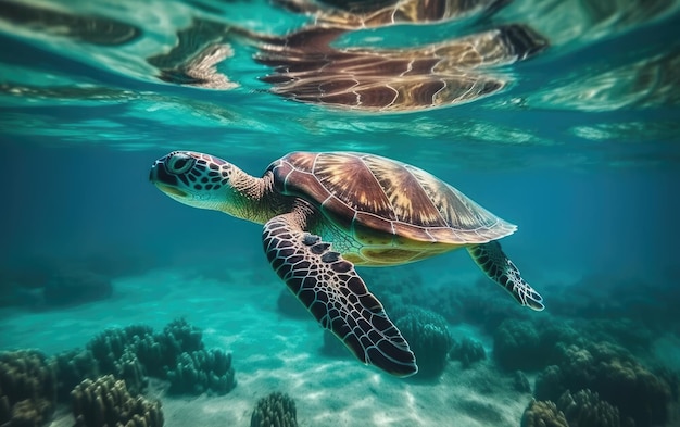 Turtle swimming in the clear water of the ocean turquoise ocean with a turtle diving Generative AI