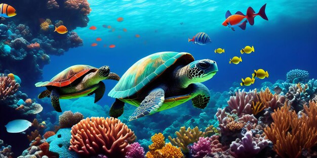 A turtle swimming over a colorful coral reef