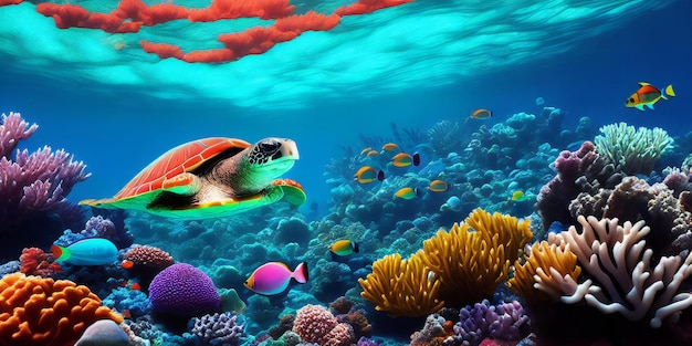 A turtle swimming over a colorful coral reef