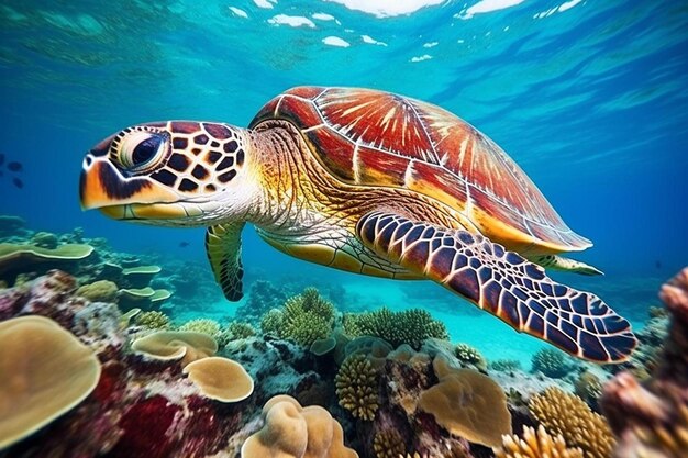 Photo a turtle swimming next to a coral reef with corals and seaweed