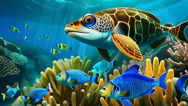 A turtle swimming in a coral reef