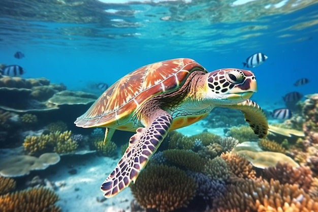 a turtle swimming over a coral reef