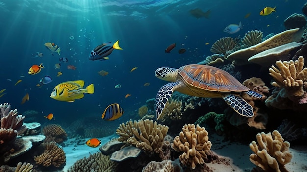 a turtle swimming next to a coral with a turtle swimming by