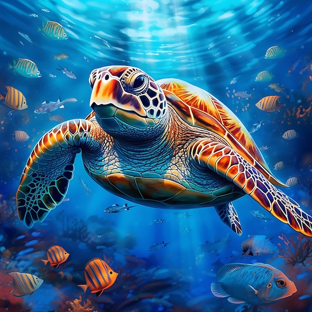배경에 물고기가 있는 물고기 크 에서 수영하는 거북이.