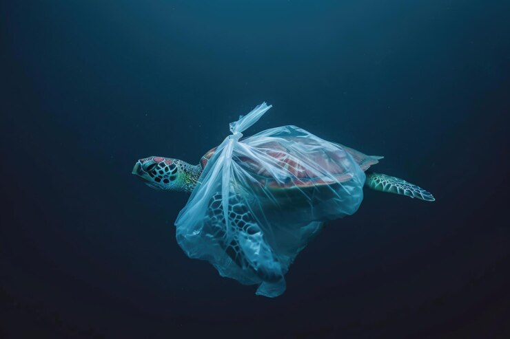 Photo turtle swimming near plastic waste
