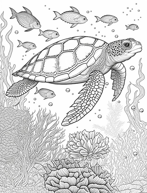 a turtle swimming in the ocean surrounded by fish and corals generative ai