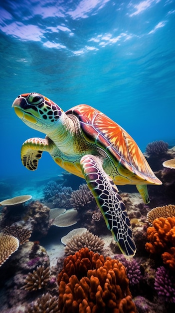 Turtle swimming in the ocean with corals and other corals generative ai