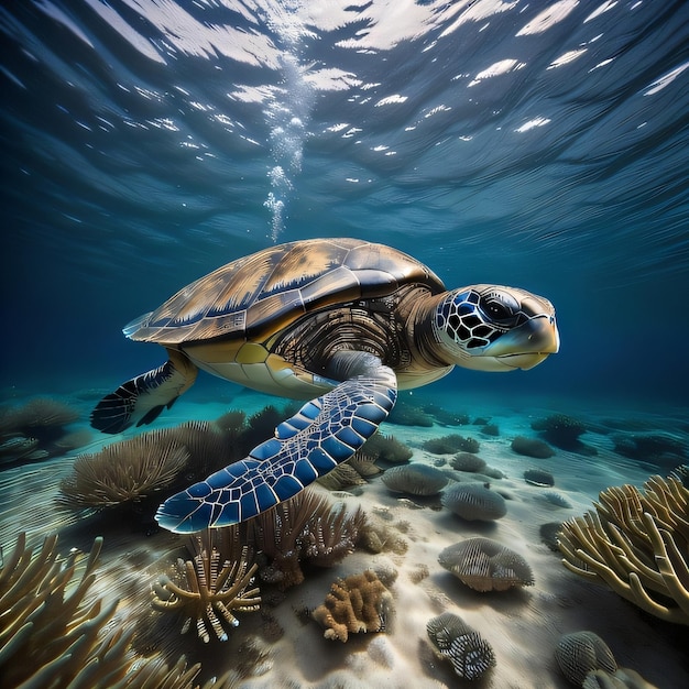 A turtle swimming in the ocean with a fish in the background.