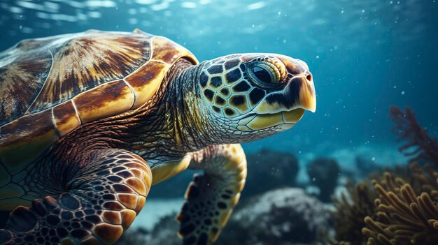 a turtle swimming in the ocean with a fish in its mouth