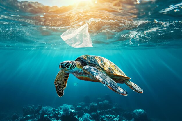 Черепаха плавает в океане с пластиковым пакетом во рту