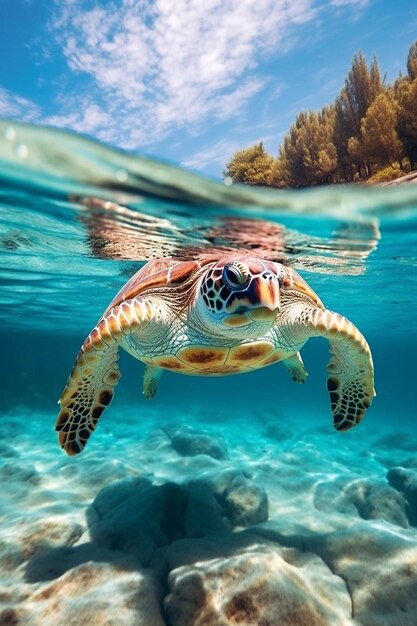 Photo a turtle swimming in the ocean with rocks and trees in the background