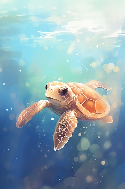 a turtle swimming in the ocean with the sun shining on its face.