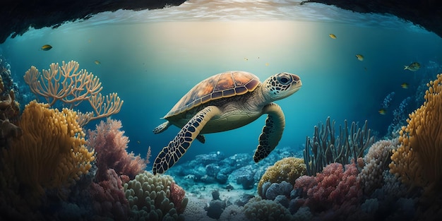 Черепаха плавает в океане со словами черепаха на дне