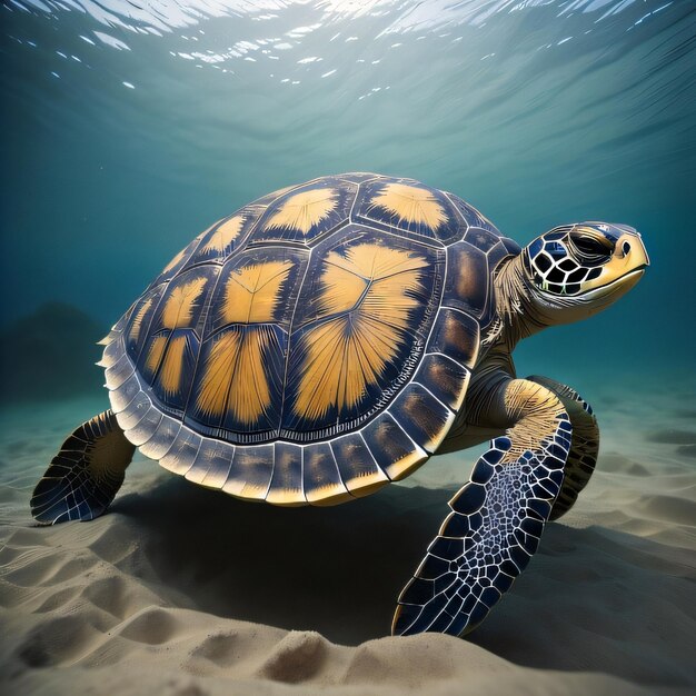 A turtle swimming in the ocean with the yellow shell