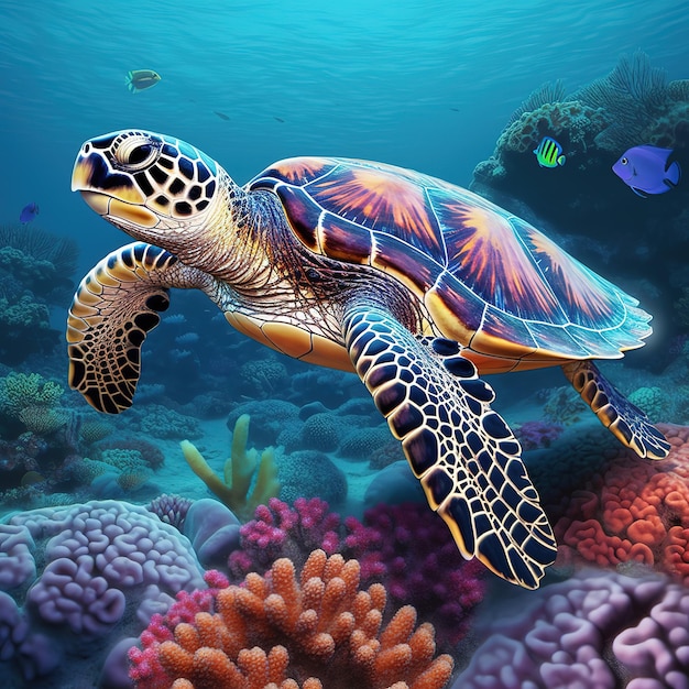 Фото Черепаха плывет по синему морю