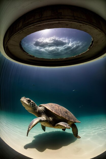 A Turtle Swimming In A Pool Of Water