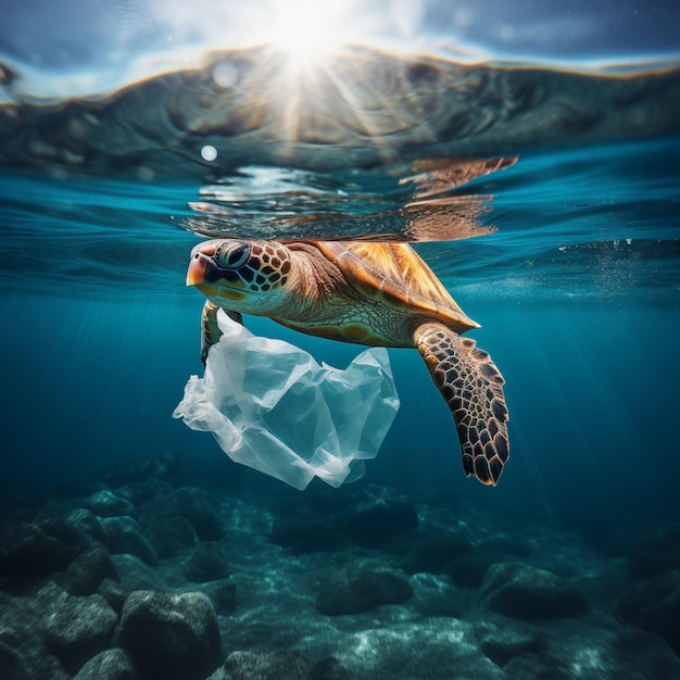 Turtle swimming in the sea next to a floating plastic bag