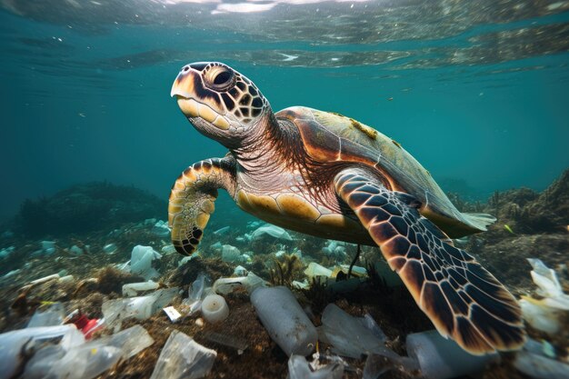 Turtle swimming in sea among plastics