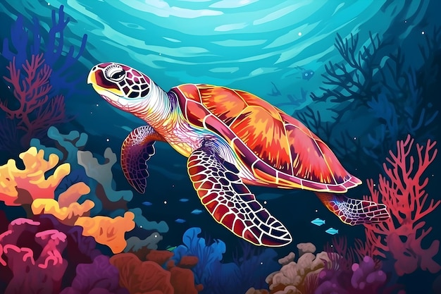 Turtle swimming under the sea with fish