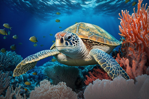 A turtle swimming under the sea