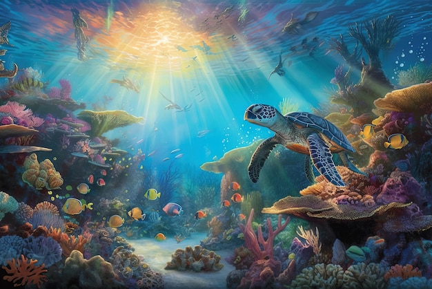 A turtle swimming under the sea