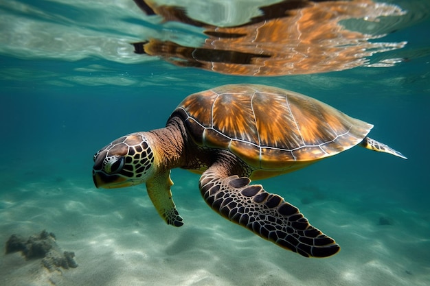 A turtle swimming underwate