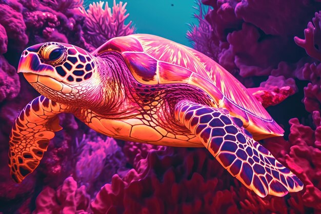 사진 다채로운 산호초에서 헤엄치는 거북이 열대 해양 생물 generative ai