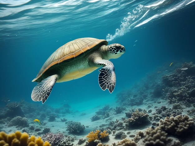 a turtle swimming in the warm ocean waters